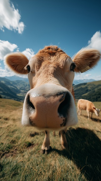 AI generated fisheye lens close-up of cow in Alps - GPT Image 2 text to image