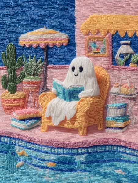 AI generated pastel embroidery ghost reading by pool - GPT Image 2 text to image