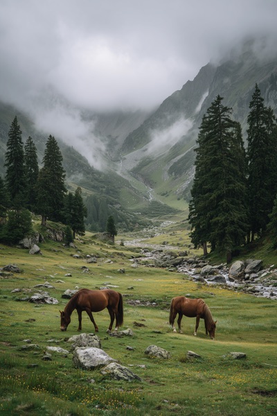 AI generated mountain valley landscape with horses - GPT Image 2 text to image