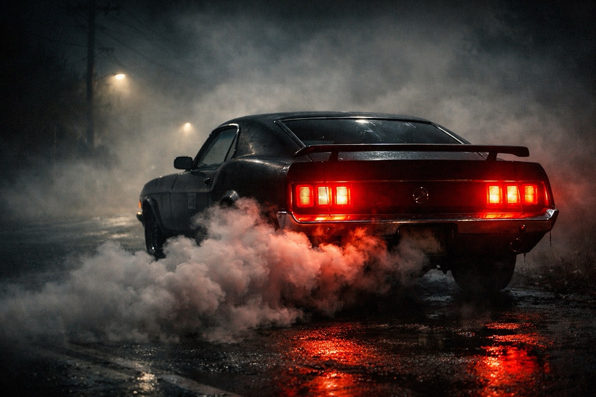AI generated cinematic 1970s muscle car in fog at night - GPT Image 2 text to image